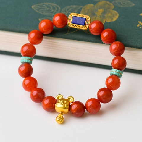 Natural Red Agate Twelve Zodiac Beaded Bracelet Vintage Ethnic Style With 925 Sterling Silver Lapis Lazuli Accents Jewelry