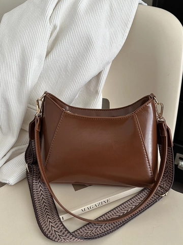 Women PU Leather Hobo Shoulder Bag Vintage Shiny Crossbody Bag With Wide Woven Geometric Strap And Thin Leather Strap