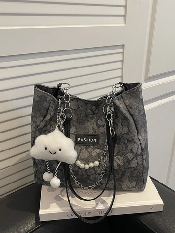 Women Large Capacity Tote Bag Floral Jacquard Canvas PU Shoulder Bag With Pearl Chain And Cloud Plush Pendant Fashion Commuting Handbag