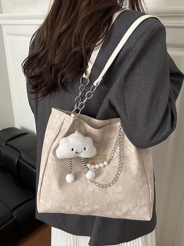 Women Large Capacity Tote Bag Floral Jacquard Canvas PU Shoulder Bag With Pearl Chain And Cloud Plush Pendant Fashion Commuting Handbag