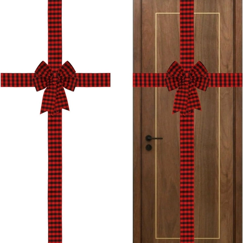 Christmas Door Ribbon Decoration Buffalo Plaid Bow Woven Fabric Cabinet Window Hanging Ornament Festive Home Decor