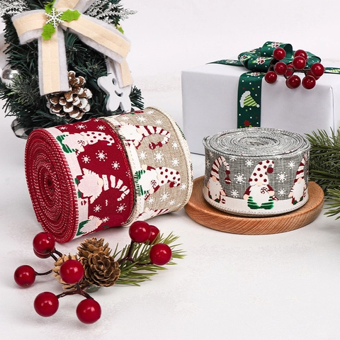 Nastro di Sacco Con Gnomi di Natale e Stampa di Fiocchi di Neve Per Confezioni Regalo Decorazione Festiva Rotolo di Nastro