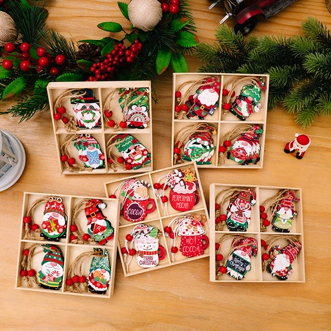 Ornements Noël En Bois Peints Gnome Bonhomme De Neige Tasse Cacao Décoration À Suspendre Avec Corde Pour Sapin
