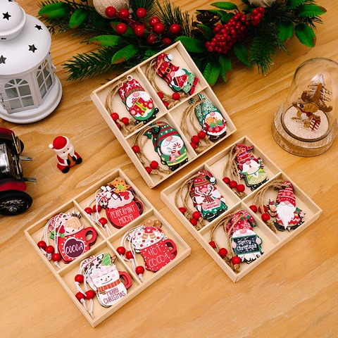 Christmas Wooden Ornaments Painted Gnome Snowman Hot Cocoa Cup Shape Hanging Decoration With Hemp Rope For Holiday Tree
