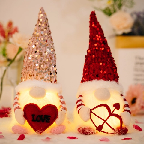 LED Beleuchtete Valentinstag Pailletten Gnom Dekoration Gesichtlose Plüschpuppe Mit Herz Bogen Für Romantische Party Geschenk