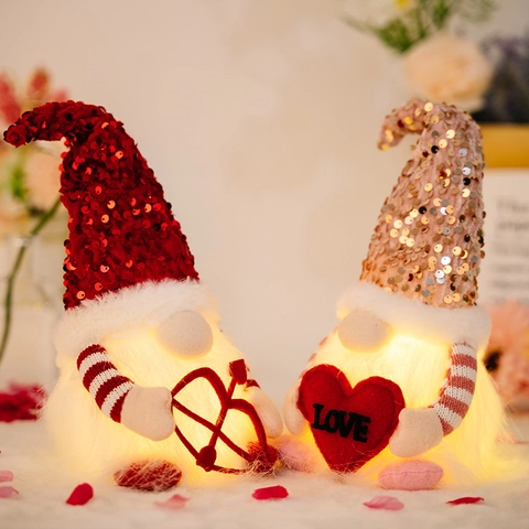 LED Beleuchtete Valentinstag Pailletten Gnom Dekoration Gesichtlose Plüschpuppe Mit Herz Bogen Für Romantische Party Geschenk