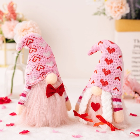 Valentine's Day Pink Gnome Plush Ornaments Pink Heart Pattern Faceless Doll For Romantic Home Table Party Decorations Gift