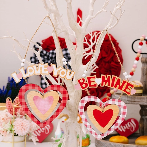 Ornamento Sospeso a Cuore in Legno per San Valentino Con Motivo a Quadretti Gingham Testo I LOVE YOU BE MINE per Matrimonio Festa Casa