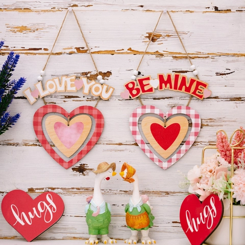 Ornamento Sospeso a Cuore in Legno per San Valentino Con Motivo a Quadretti Gingham Testo I LOVE YOU BE MINE per Matrimonio Festa Casa