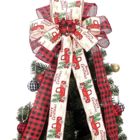 Lazo Para Copa De Árbol De Navidad Cuadros Y Cinta Arpillera Camión Vintage Gran Lazo Decorativo Para Decoración Del Hogar