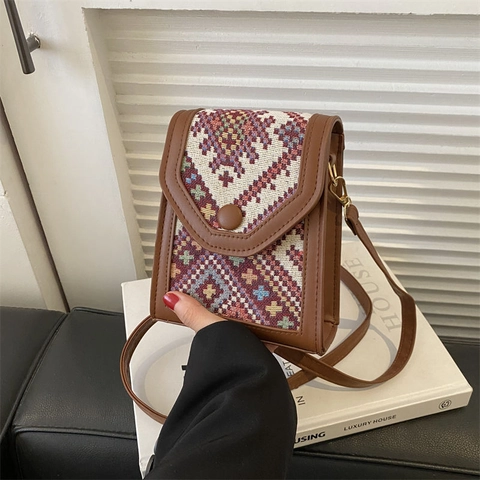 Umhängetasche Für Handy PU Leder Ethnische Webart Geometrisches Muster Klappe Retro Bohemian Stil Damen