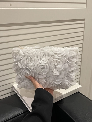 Elegant 3D Chiffon Flower Clutch Bag PU Leather Mesh Rose Evening Shoulder Bag For Party Wedding Banquet Lady
