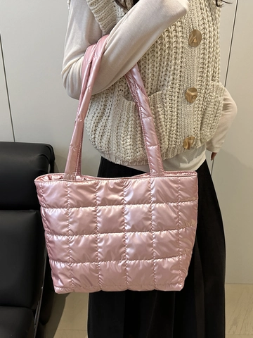 Quilted Puffer Tote Bag Metallic Shiny Large Capacity Lightweight Square Grid Stitching Casual Chic Shoulder Bag For Women