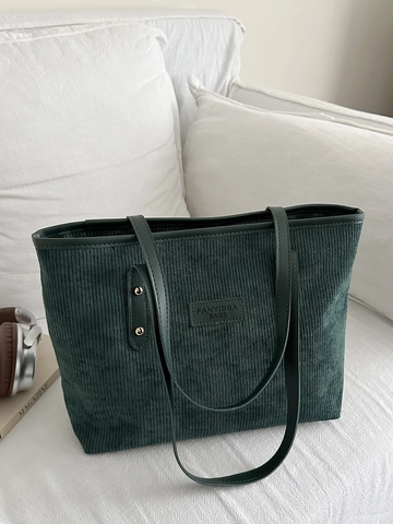 Women Corduroy Tote Bag Large Capacity Shoulder Bag Solid Color Casual Retro Minimalist Handbag With Zipper Closure