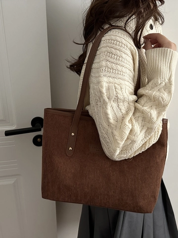 Women Corduroy Tote Bag Large Capacity Shoulder Bag Solid Color Casual Retro Minimalist Handbag With Zipper Closure