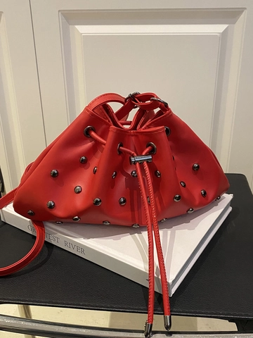Fashion Women Rivet Drawstring Bucket Bag PU Leather Studded Crossbody Shoulder Bag Small Solid Color Handbag