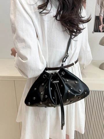 Fashion Women Rivet Drawstring Bucket Bag PU Leather Studded Crossbody Shoulder Bag Small Solid Color Handbag
