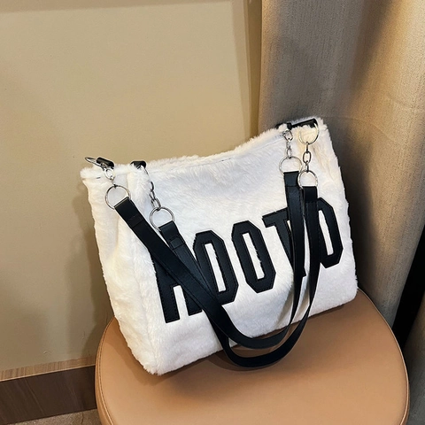 Faux Fur Tote Bag Plush Large Capacity Letter Decor Shoulder Handbag For Women Autumn Winter Daily