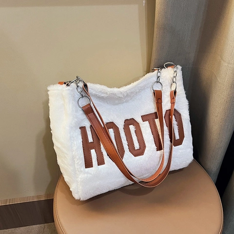 Faux Fur Tote Bag Plush Large Capacity Letter Decor Shoulder Handbag For Women Autumn Winter Daily