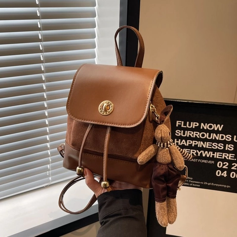Women Vintage Mini Backpack PU Leather Splicing Small Shoulder Bag With Animal Pendant Fashion Casual Daily Travel Bag
