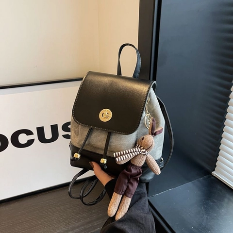 Women Vintage Mini Backpack PU Leather Splicing Small Shoulder Bag With Animal Pendant Fashion Casual Daily Travel Bag