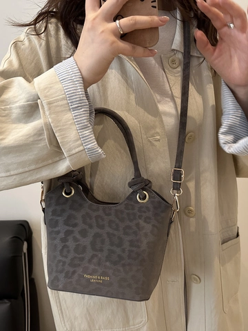 Damen Leopardenmuster Eimertasche PU Leder Knotengriff Umhängetasche Mode Kleine Umhängetasche Mit Verstellbarem Gurt