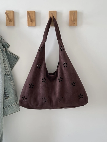 Suede Shoulder Bag Hollow Floral Laser Cut Large Capacity Hobo Tote With Inner Pouch For Women Commuter