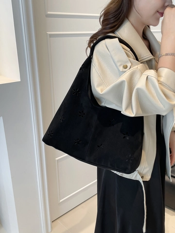 Suede Shoulder Bag Hollow Floral Laser Cut Large Capacity Hobo Tote With Inner Pouch For Women Commuter