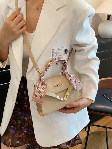 Sac à Main Élégant Style Kelly pour Femmes en Cuir PU Mat Sac à Bandoulière Avec Poignée Enveloppée de Foulard en Soie