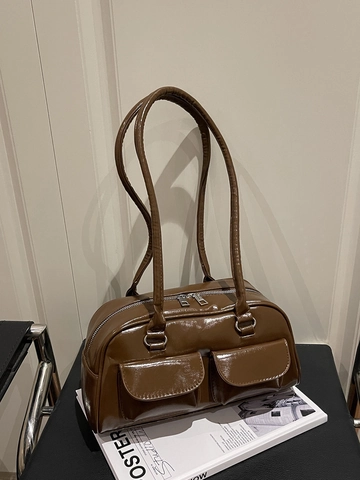 Vintage Glänzendes PU Leder Schultertasche Für Damen Mehrere Taschen Große Kapazität Handtasche Lässige Pendler Unterarmtasche