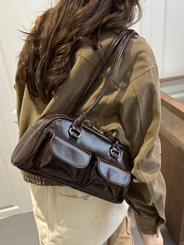 Vintage Glänzendes PU Leder Schultertasche Für Damen Mehrere Taschen Große Kapazität Handtasche Lässige Pendler Unterarmtasche