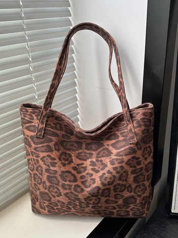 Leopardenmuster Tote Bag Große Kapazität Retro PU Leder Leinwand Schultertasche Für Damen Täglich Pendeln Mode Handtasche