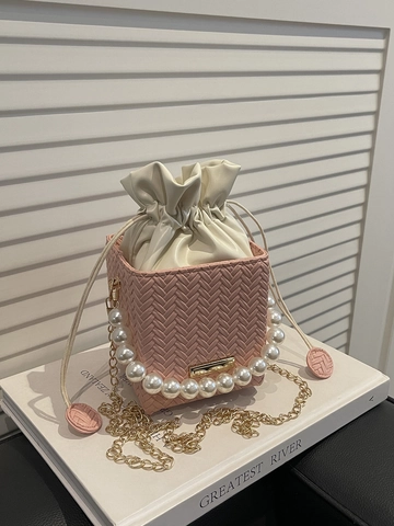 Damen Gewebte Textur PU Leder Eimertasche Mit Künstliche Perlengriff Gold Kette Riemen Elegante Kordelzug Umhängetasche
