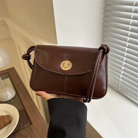 Bolso Bandolera Cuadrado Pequeño Retro para Mujer de Cuero PU Con Cierre Giratorio Dorado Correa de Nudo Versátil