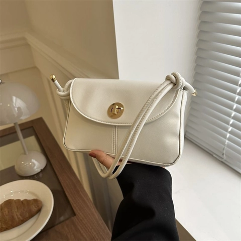 Bolso Bandolera Cuadrado Pequeño Retro para Mujer de Cuero PU Con Cierre Giratorio Dorado Correa de Nudo Versátil