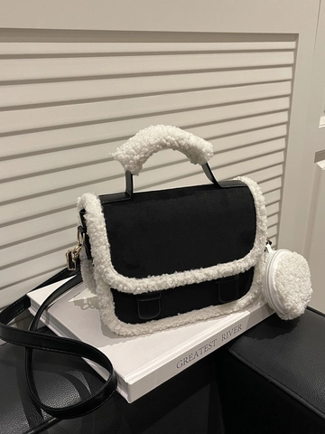 Borsa Quadrata in Camoscio con Bordo in Peluche da Donna Borsa a Tracolla in Finta Lana con Astuccio Rotondo Autunno Inverno