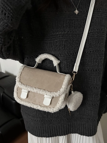 Borsa Quadrata in Camoscio con Bordo in Peluche da Donna Borsa a Tracolla in Finta Lana con Astuccio Rotondo Autunno Inverno