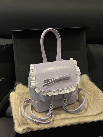 Damen Süß Lolita Mini Rucksack PU Leder Tasche Spitze Bowknot Kordelzug Kleine Schultertasche Täglich Mode Reise Geldbörse