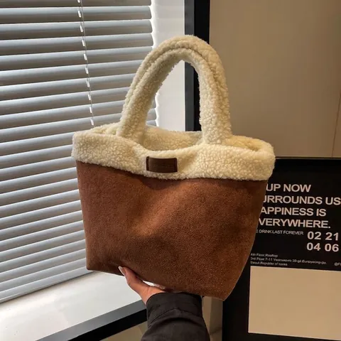Women Spliced Tote Bag Faux Suede And Sherpa Fur Contrast Color Handbag For Autumn Winter Daily Commute