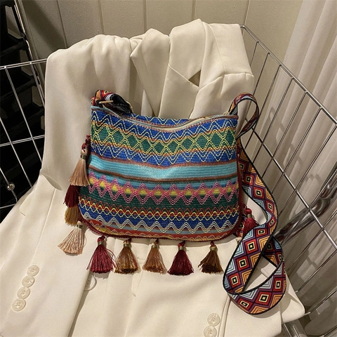 Bohemian Gewebte Umhängetasche Mit Quasten Geometrisches Jacquard Muster Breiter Riemen Ethnisch Eimer Schultertasche Damen