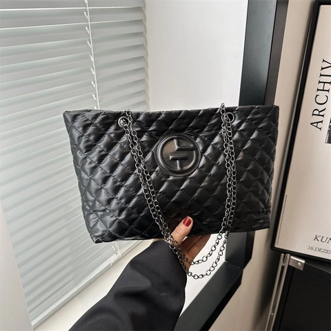 Bolso Tote Acolchado de Gran Capacidad para Mujer Bolso de Hombro con Cadena de Cuero de PU Color Sólido para Uso Diario