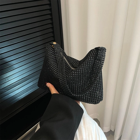 Damen Luxus Vollstrass Netz Umhängetasche Glitzer Kristall Hobo Unterarm Handtasche Für Hochzeit Abend Party Accessoire