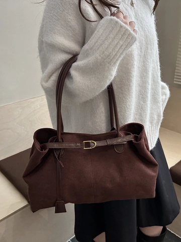 Sac Fourre-tout en Suède Rétro Grande Capacité pour Femmes Automne Hiver Simple Navettage Sac à Épaule Sous le Bras Avec Fermoir Magnétique