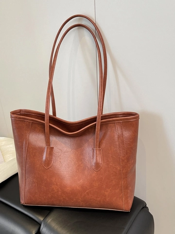 Women Large Capacity Tote Bag PU Leather Retro Texture Shoulder Handbag Minimalist Zipper Closure Work Commute Purse