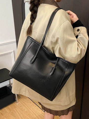 Women Large Capacity Tote Bag PU Leather Retro Texture Shoulder Handbag Minimalist Zipper Closure Work Commute Purse