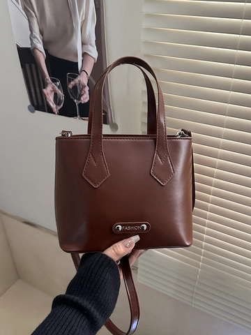 Minimalist PU Leather Shoulder Bag Solid Color Retro Square Handbag With Metal Plate For Daily Commuting Women