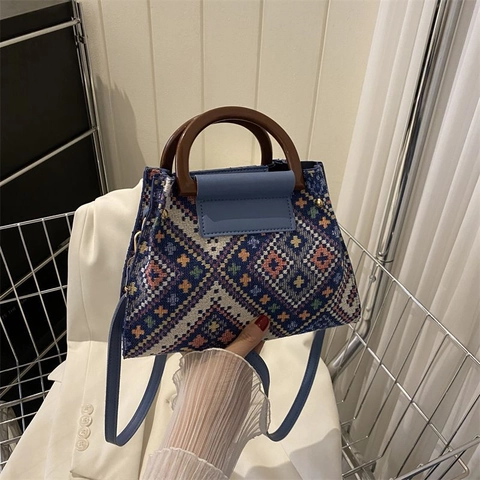 Sac Seau en Toile à Motif Géométrique Ethnique Avec Poignée en Bois Ensemble de Sac à Bandoulière Vintage pour Femme Sac Décontracté