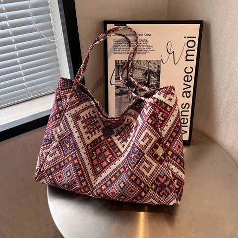 Μεγάλη Γυναικεία Τσάντα Tote Vintage Ethnic Γεωμετρικό Ζακάρ Υφαντό Καμβά Τσάντα Ώμου Bohemian Style