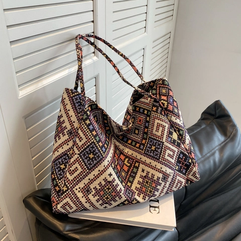 Μεγάλη Γυναικεία Τσάντα Tote Vintage Ethnic Γεωμετρικό Ζακάρ Υφαντό Καμβά Τσάντα Ώμου Bohemian Style