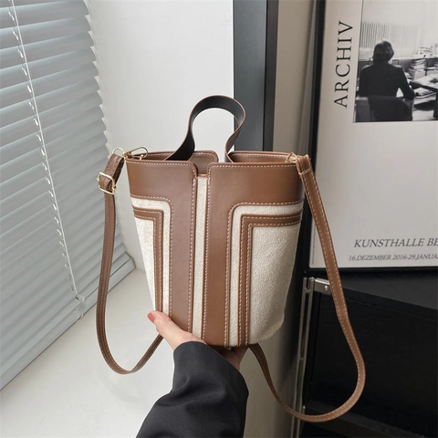 Patchwork Emmertas Voor Dames Minimalistische PU Leer En Canvas Schoudertas Met Contraststiksel Modern Chic